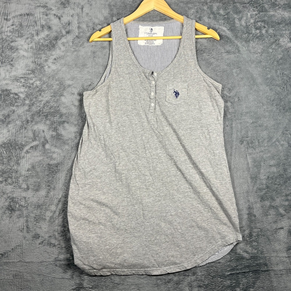 US Polo Assn Tank Top Womens XL Heather Gray Cotton V Neck Wide Strap Curved Hem